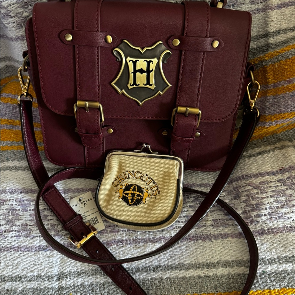 Harry Potter Purse Set-Burgundy Bag with Crest, Kisslock Gringotts Change Purse.